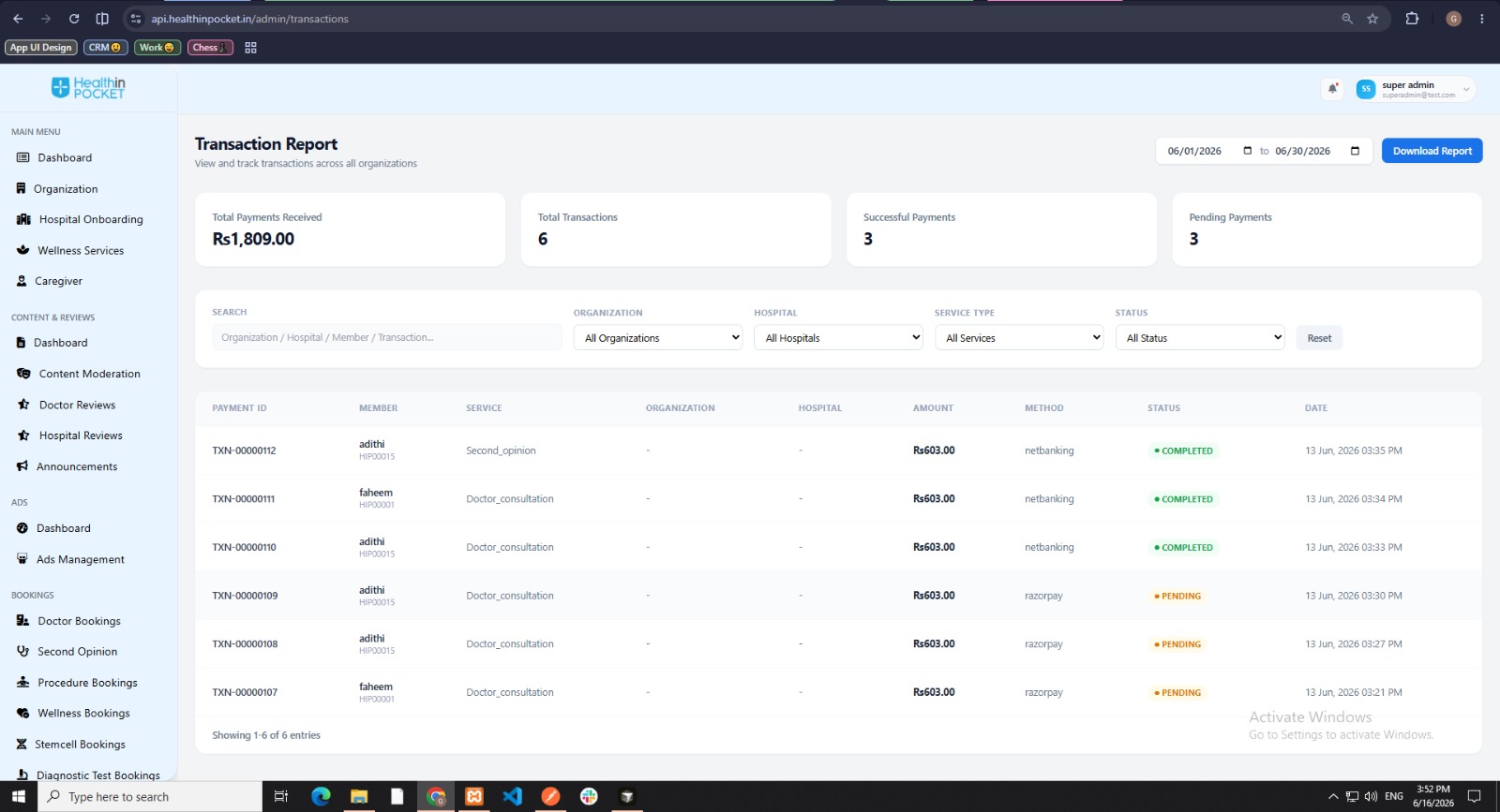 Health in Pocket platform dashboard