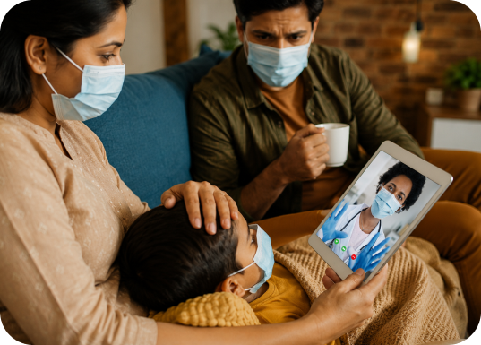 Family on a video call with a doctor