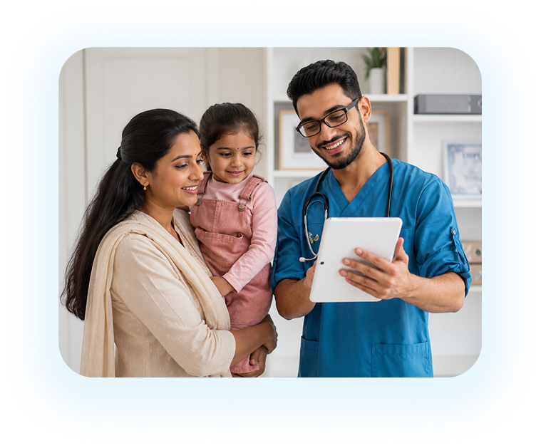 Doctor showing a tablet to a mother and her child